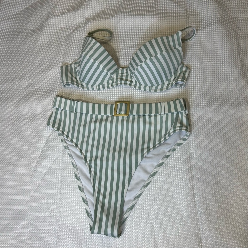 WeWoreWhat Sage Green and White Stripe Bikini